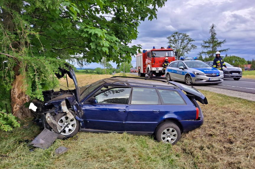 Kierująca audi uderzyła w drzewo