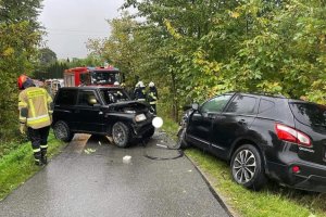 Czołowe zderzenie dwóch samochodów w Przysiekach