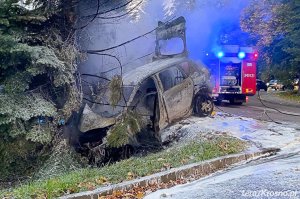 Uderzył w drzewo. Samochód stanął w płomieniach
